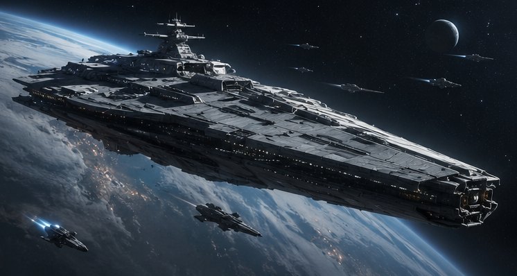 A capital ship in high orbit above a clouded world, escorts trailing behind it.
