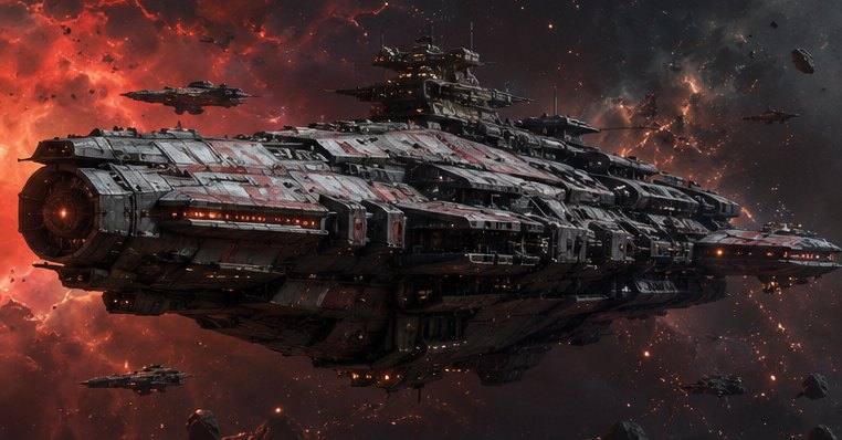 A heavy warship head on against a red nebula, running lights burning along its flank.