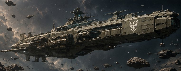 A pale armoured cruiser marked with a bird emblem, picking its way through an asteroid field.